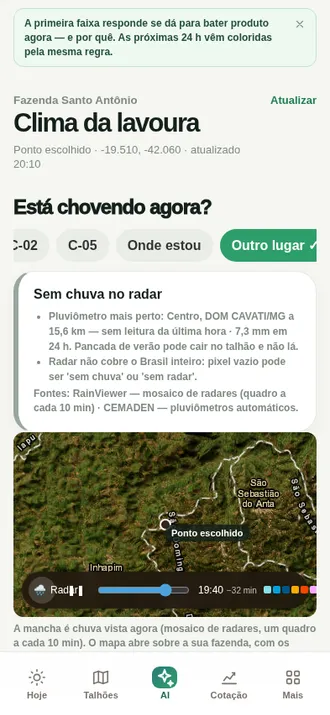 Tela Clima da lavoura com o radar de chuva sobre a fazenda