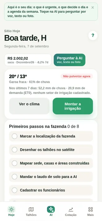 Tela Hoje do Quingon Agro com clima, cotação e primeiros passos da fazenda